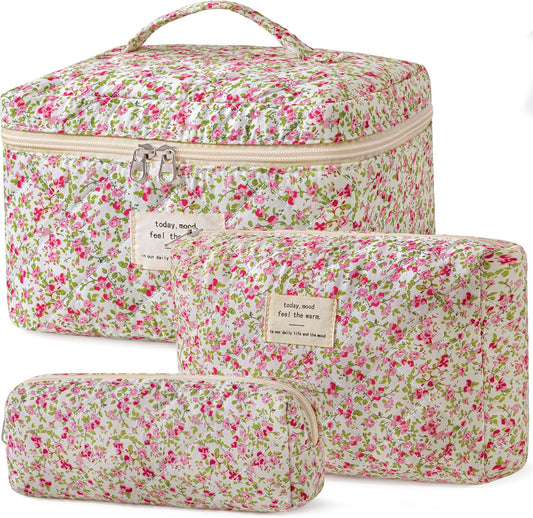 HBselect Quilted Makeup Bag, 3PCS Cotton Large Travel Makeup Bag, Cute Floral Coquette Make up Bag Cosmetic Bag Toiletry Bag for Women Girls