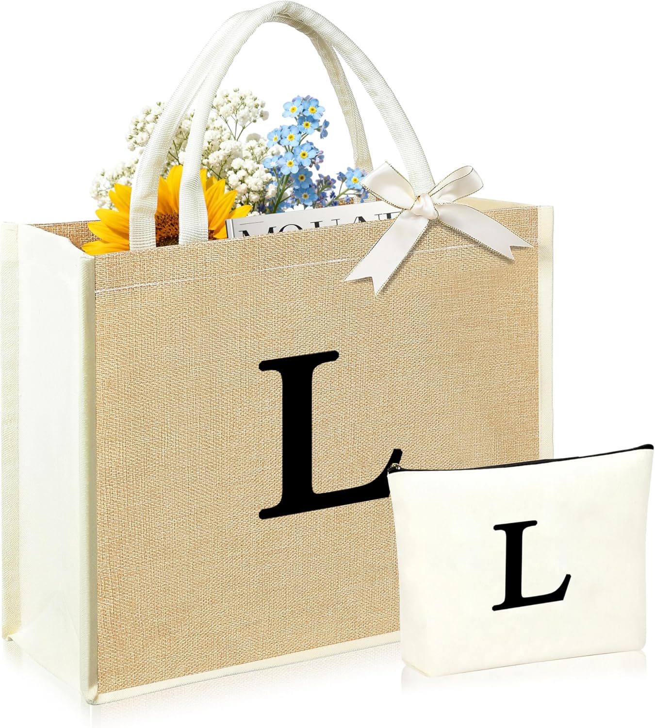 Initial Canvas Tote Bag & Makeup Bag for Women Teacher Bridesmaids，Personalized Present for Wedding, Birthday, Beach