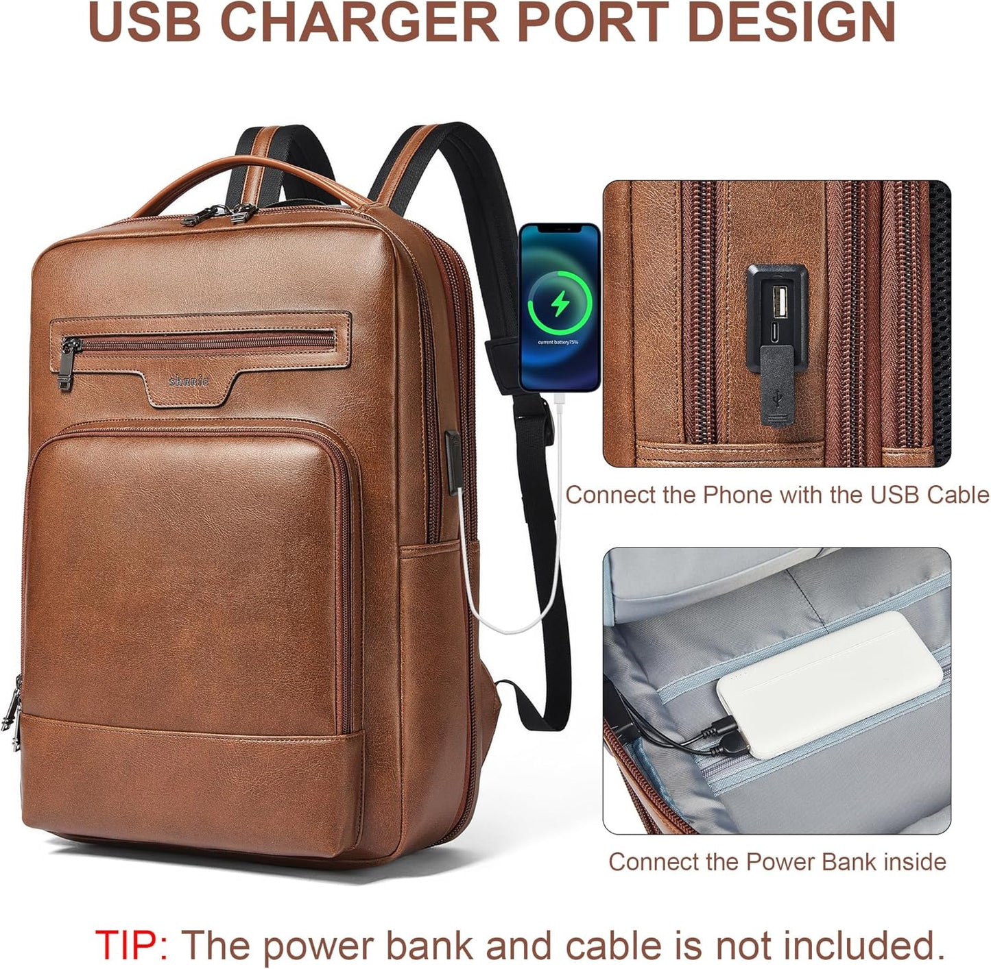Shrrie Leather Laptop Backpack for Women and Men,28 L Travel Backpack Computer Bag Fits 16 inch Laptop,Expandable Casual Daypack with USB Port for Work Business Weekender College,Brown