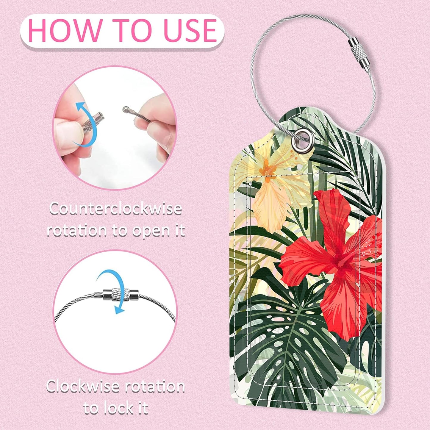 Luggage Tags for Suitcase,2 Pack Tropical Leaves Luggage Tag,PU Leather Id Label Luggage Tags with Stainless Steel Loop and Privacy Cover for Women Men Teens Travel