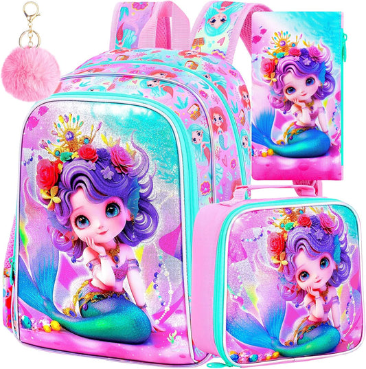 Mermaid Backpack, 16" Girls Kids Bookbag with Lunch Box，3Pcs School Backpacks for Elementary Preschool Kindergarten (Pink)