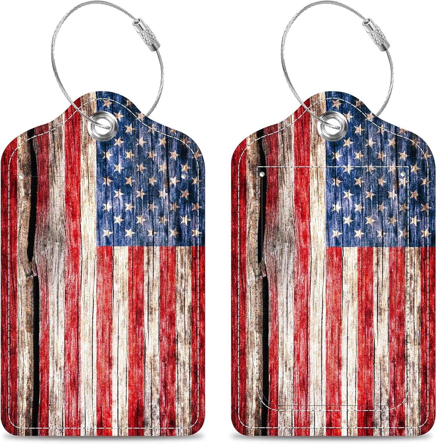 2 Pack Luggage Tags for Suitcase USA Flag on The Old Cracked Wood Leather Stainless Steel Loop Label Tags for Women Men Travel Bag Suitcase with Privacy Cover Name ID Card