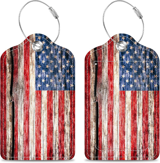 2 Pack Luggage Tags for Suitcase USA Flag on The Old Cracked Wood Leather Stainless Steel Loop Label Tags for Women Men Travel Bag Suitcase with Privacy Cover Name ID Card