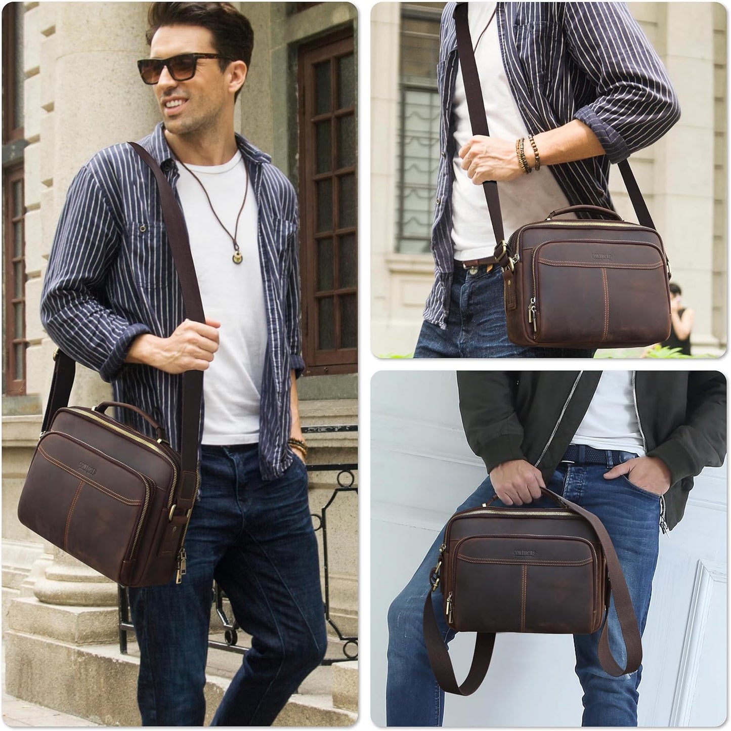 Top Grain Leather 11" Messenger Bag for Man & Woman, Multi Pockets, Fits to 8.3"/10.9" iPad for Daily/School/Business/Travel