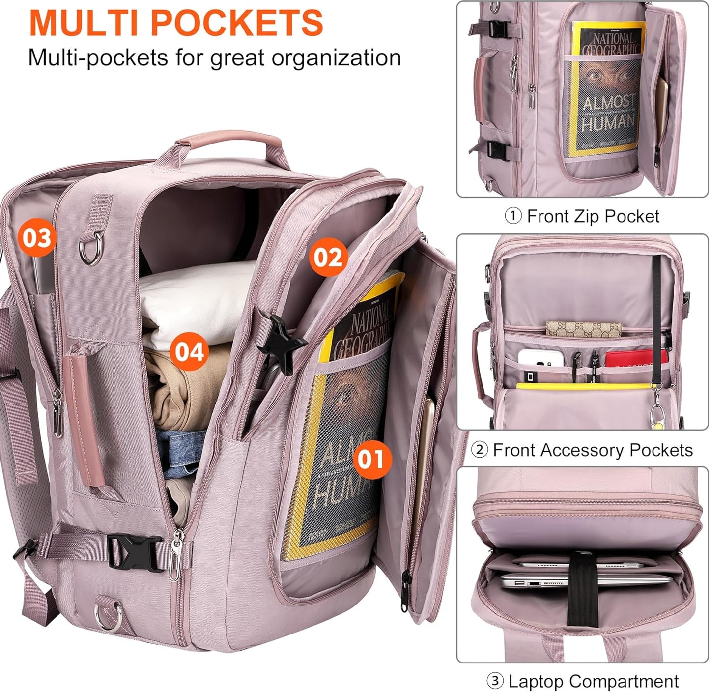 PIJUSHI Travel Backpack for Women Flight Approved Carry on Bag 16 inch Laptop Personal Item Daypack with Shoe Compartment(PE038 Light Purple)