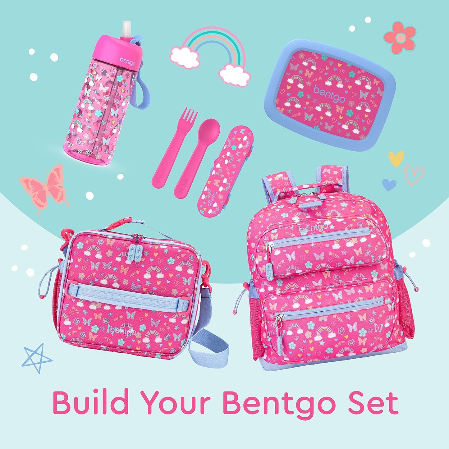 Bentgo Kids Backpack - Lightweight 14” Backpack in Fun Prints for School, Travel, & Daycare, Ideal for Ages 4+, Roomy Interior, Durable & Water-Resistant Fabric, & Loop for Lunch Bag (Rainbows)
