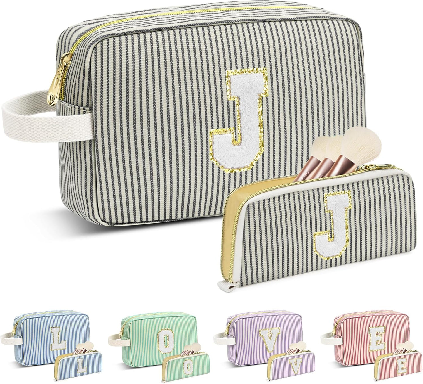 Travel Makeup Bag Christmas Gifts for Women Girl Teens, Personalized Initial Makeup Bag for Cute Teen Girls, Preppy Stuff Toiletry Bag Cosmetic Bag, Teen Girls Gift Trendy Stuff, Letter J