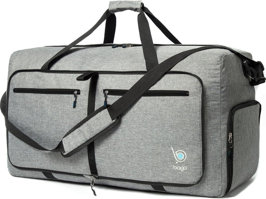 Bago Large Foldable Duffel Bags for Traveling Women & Men - 80L Packable Duffle Bag for Travel with Shoe Compartment - Water Repellant, Heavy Duty, Lightweight Folding & Collapsible (SnowGray)