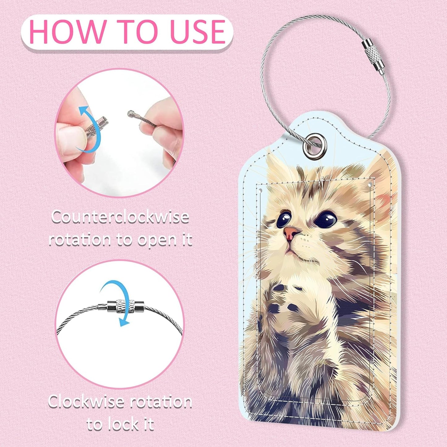 2 Pack Luggage Tag for Suitcase,Cute Cat PU Leather Suitcase Tags Identifiers with Privacy Name Address Labels and Steel Loop for Women Men Travel