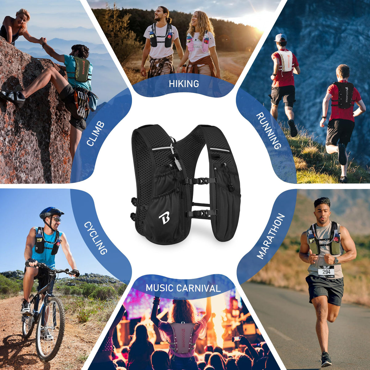 BECOJADDE Running Vest Hydration Backpack with Two 500ML Soft Water Bottles for Men Women, 5L