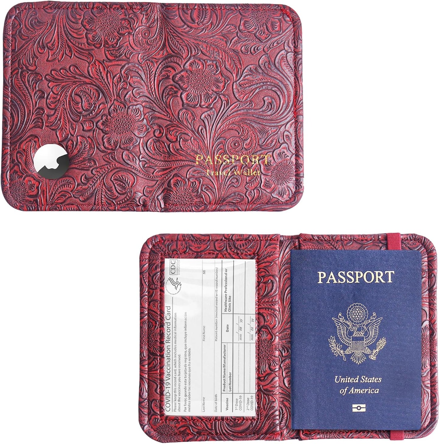 lizimandu Passport Holder with Airtag Slot, Airtag Passport Wallet for Men Women, Slim Leather Passport Holder Case Family for Travel Anti-Lost(1-Carved Red)