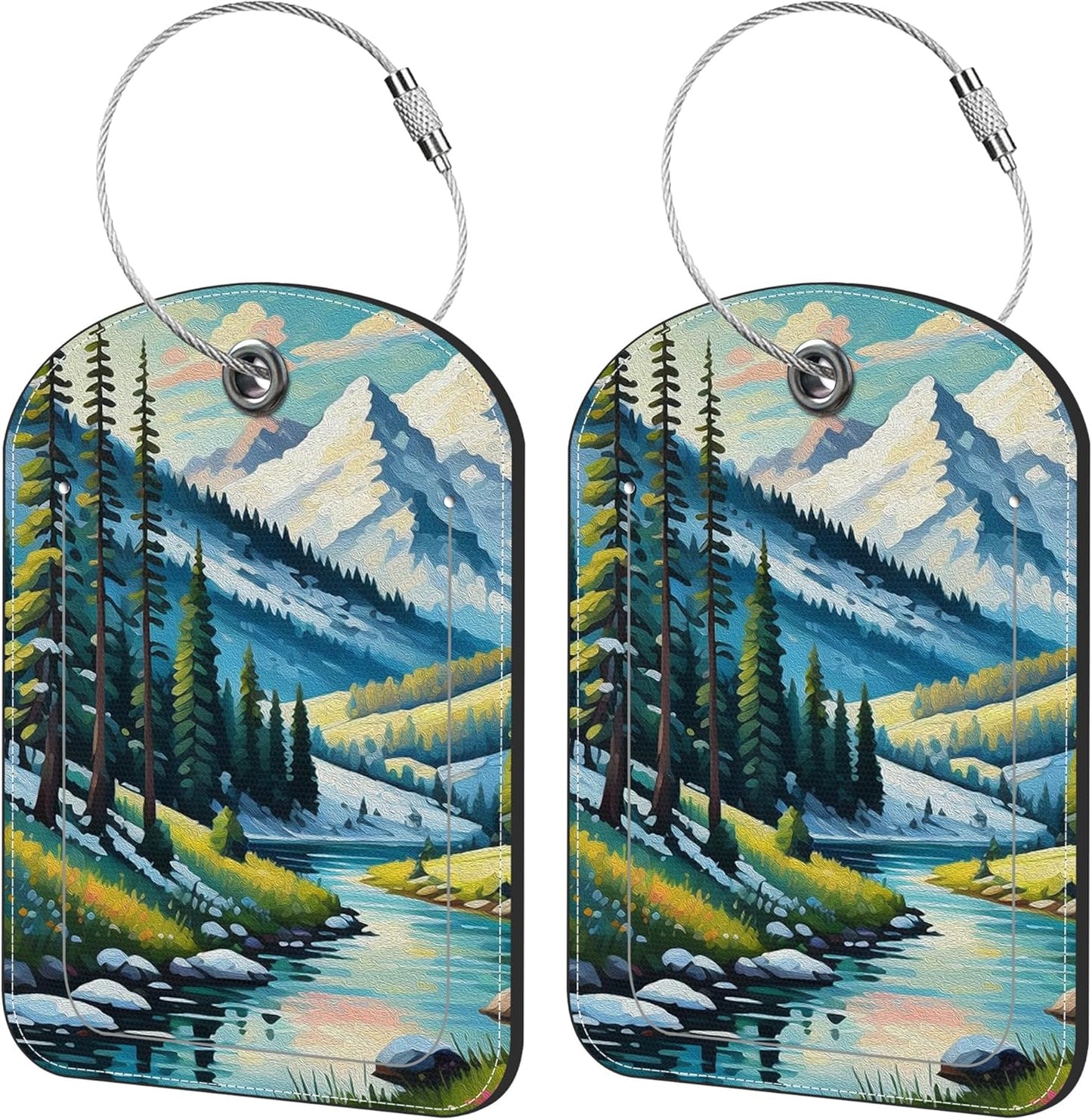 2 Pack Cute Luggage Tag for Suitcases Mountain and River Leather Luggage Tags with Stainless Steel Loop Privacy Flap Name Tags,Men and Women Travel Bag Suitcase Tags