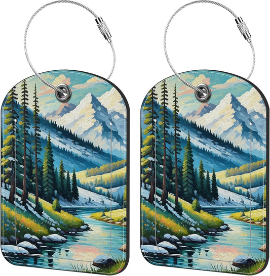 2 Pack Cute Luggage Tag for Suitcases Mountain and River Leather Luggage Tags with Stainless Steel Loop Privacy Flap Name Tags,Men and Women Travel Bag Suitcase Tags