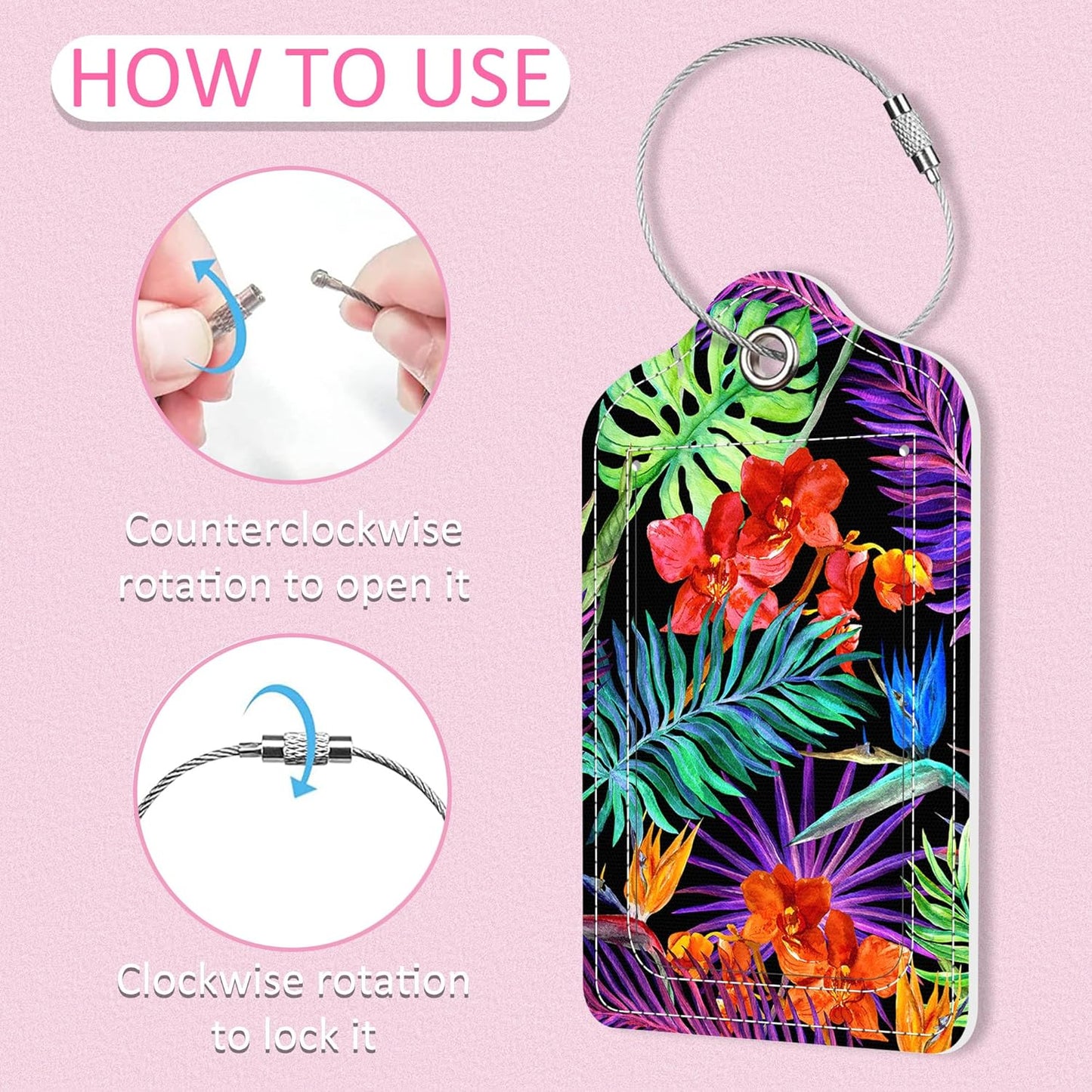 Luggage Tags for Suitcase,2 Pack Tropical Flowers Luggage Tag,PU Leather Id Label Luggage Tags with Stainless Steel Loop and Privacy Cover for Women Men Teens Travel