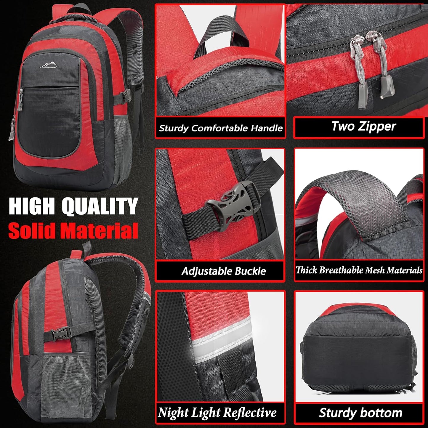ProEtrade Backpack Bookbag for College Sturdy Travel Business Hiking Fit Laptop Up to 15.6 Inch Multi Compartment Gifts for Men Women Night Light Reflective (red)