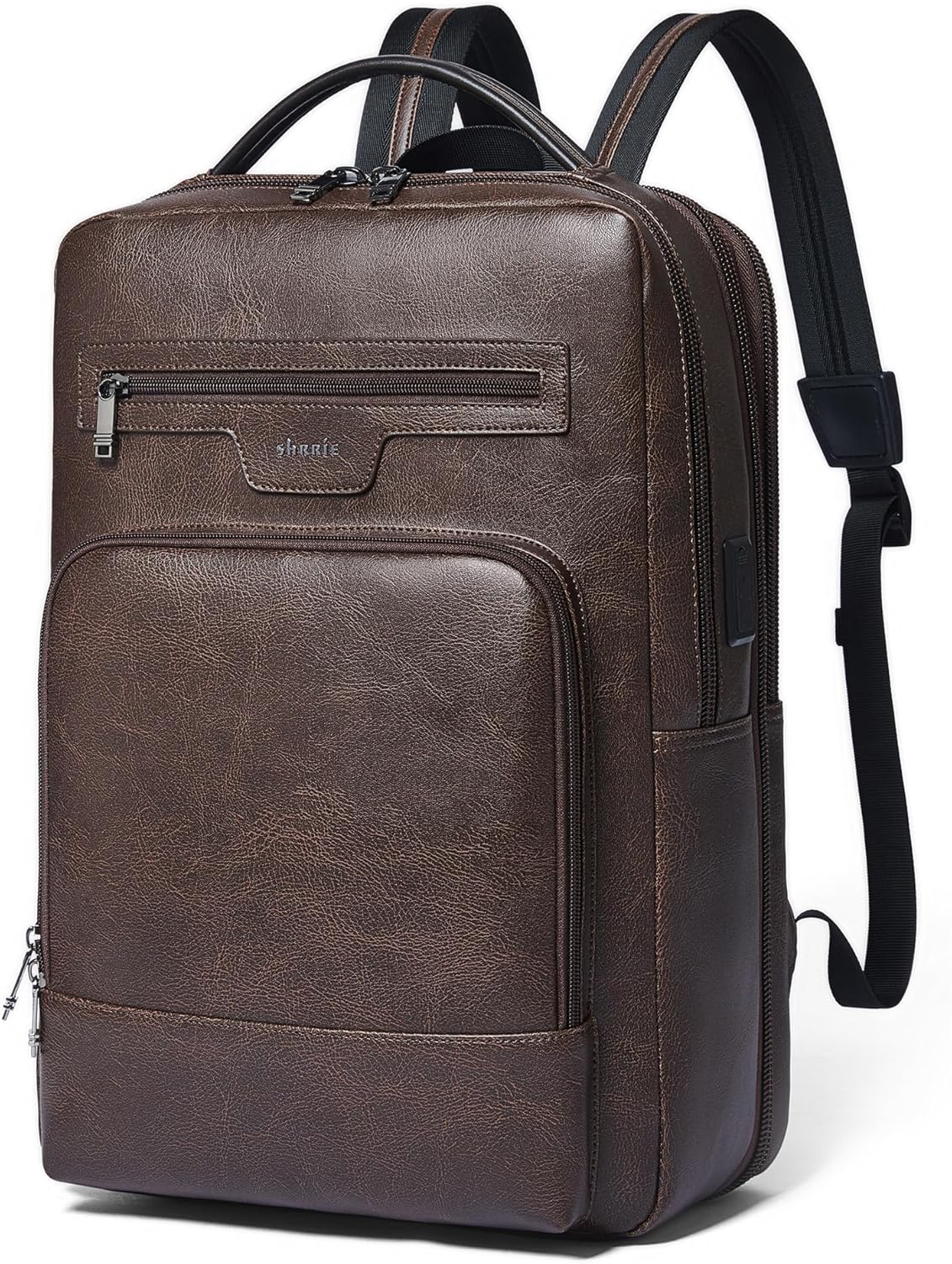 Shrrie Leather Laptop Backpack for Women and Men,28 L Travel Backpack Computer Bag Fits 16 inch Laptop,Expandable Casual Daypack with USB Charging Port for Work Business Weekender College,Coffee