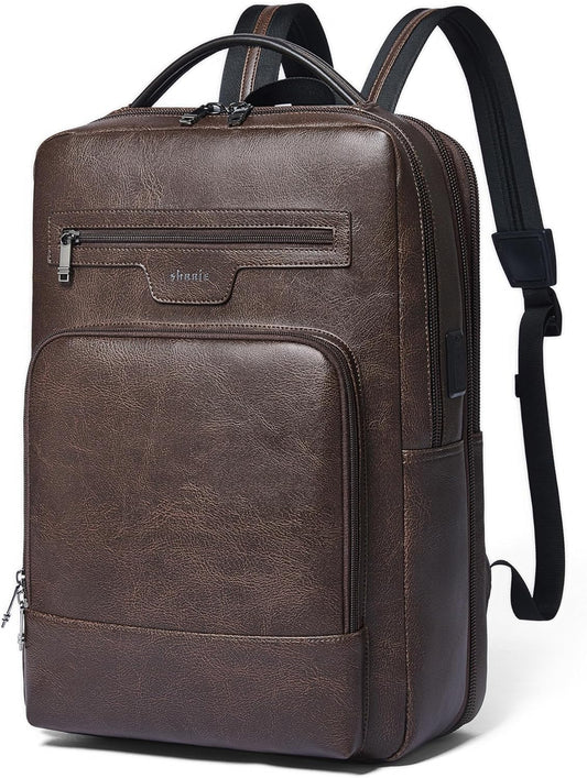 Shrrie Leather Laptop Backpack for Women and Men,28 L Travel Backpack Computer Bag Fits 16 inch Laptop,Expandable Casual Daypack with USB Charging Port for Work Business Weekender College,Coffee