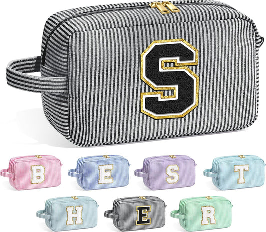 YOOLIFE Teen Girls Gifts Trendy Stuff - Birthday Gifts for 5 6 7 8 9 10 11 12 Year Old Girls Kids, Initial Makeup Bag for Teen Girl Kids Cosmetic Toiletry Pouch, Black S