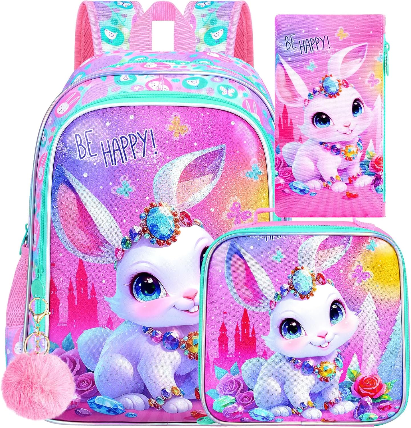 3Pcs Bunny Backpack for Girls, 16" Kids Bookbag for Elementary Preschool Kindergarten, School Backpacks with Lunch Box(Pink)