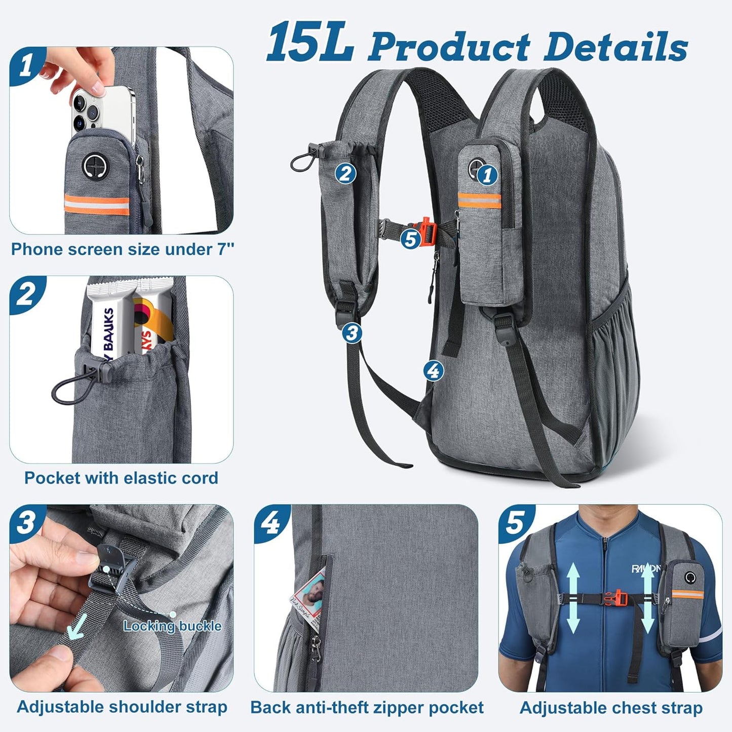 15L Small Hiking Backpack for Men Women Foldable Packable Back Pack Ultralight Hiking Daypack for Travel Camping Outdoor, Gray