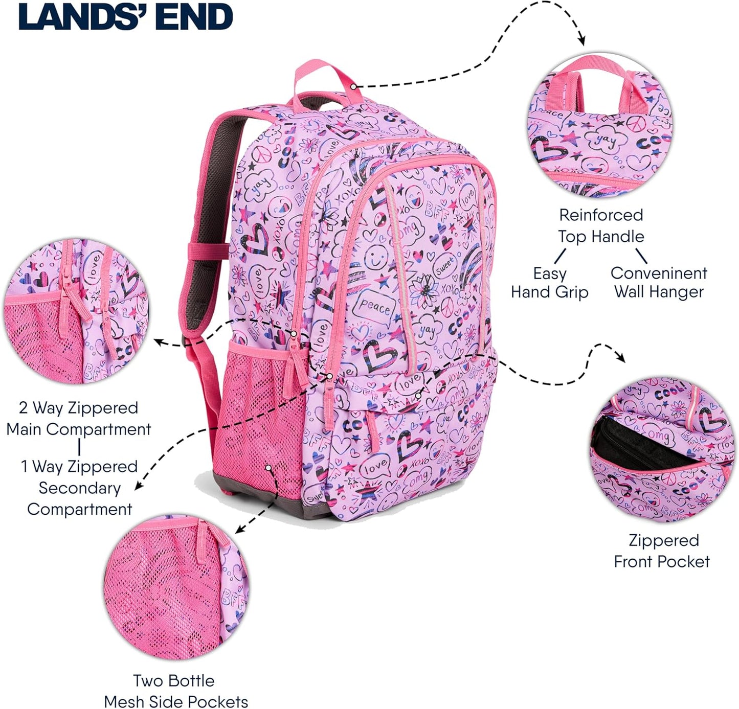 Lands' End Unisex Kids Large ClassMate Lightweight Durable Elementary School Backpack, Fuchsia Pink