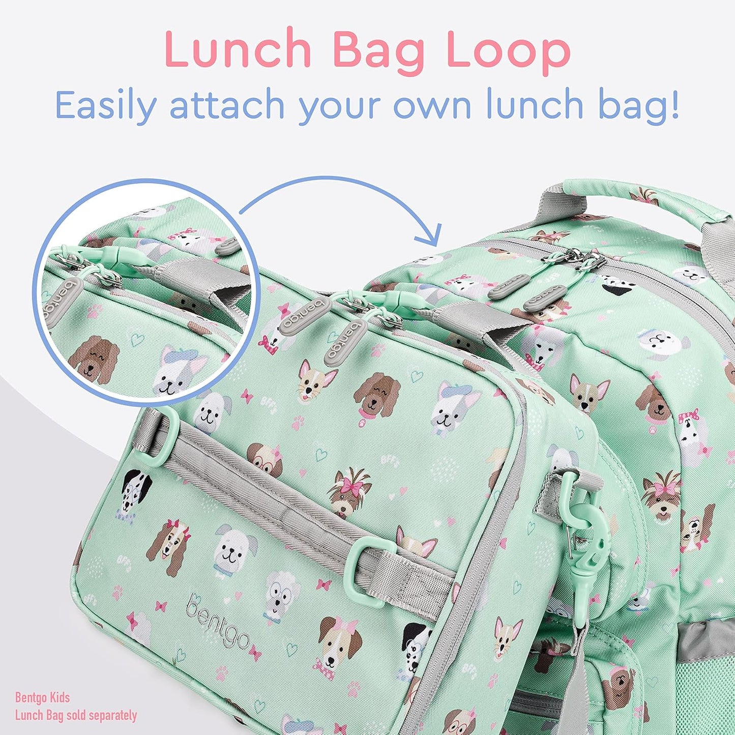 Bentgo Kids Backpack - Lightweight 14” Backpack in Fun Prints for School, Travel, & Daycare, Ideal for Ages 4+, Roomy Interior, Durable & Water-Resistant Fabric, & Loop for Lunch Bag (Puppy Love)