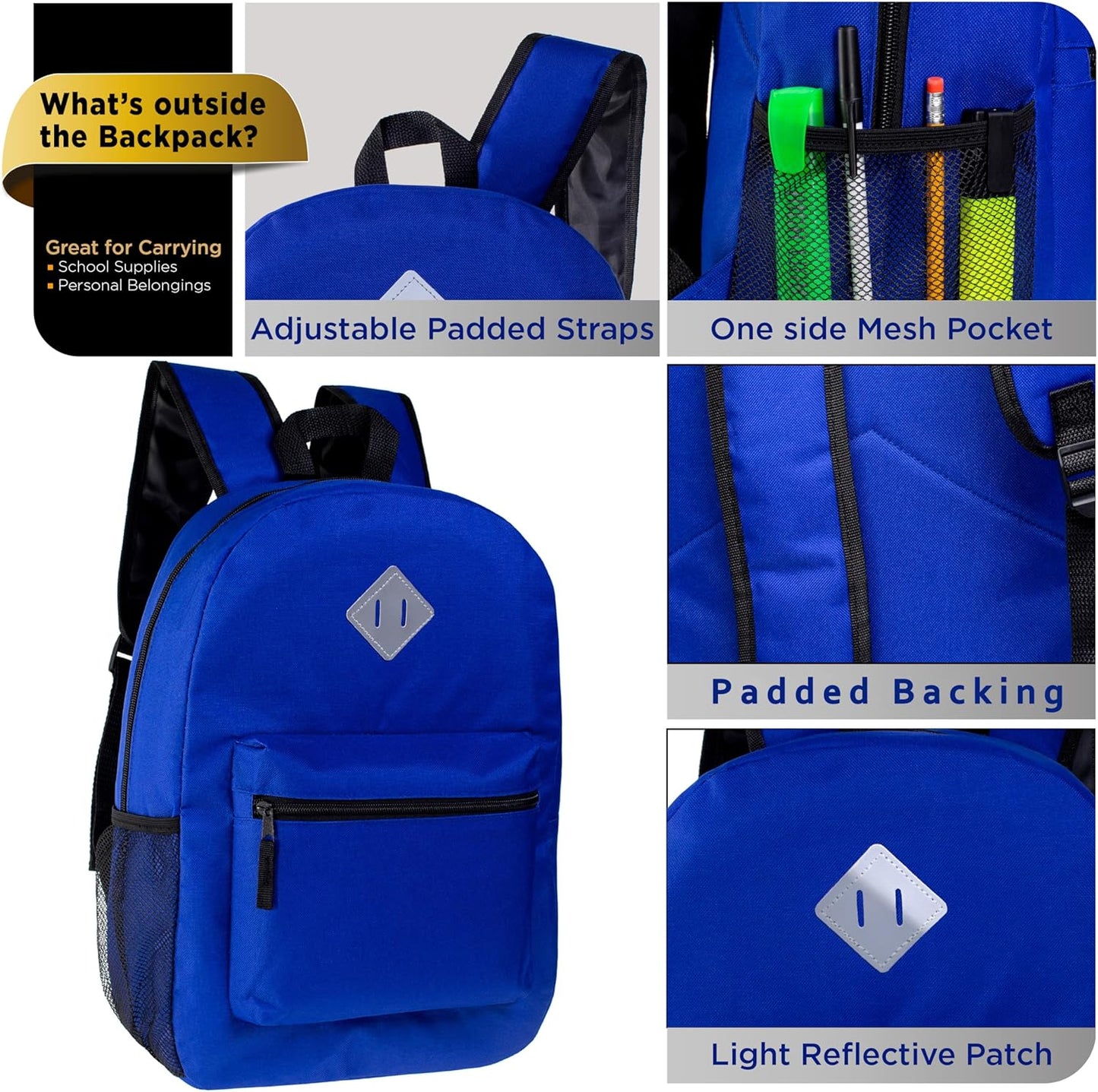 24-Pack 17" Classic Patch Backpacks for Kids, 11 Assorted Colors - Bookbags in Bulk for Elementary, Middle, and High School Students