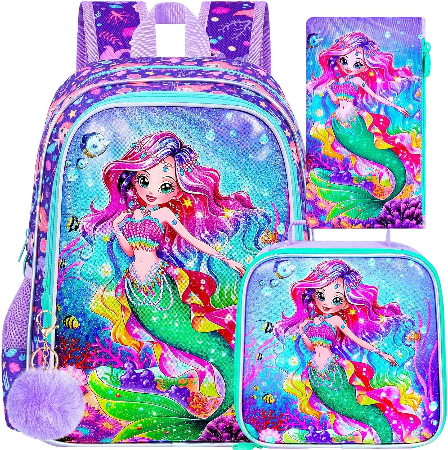 3PCS Girls Mermaid Backpack, Water Resistant Kids Bookbag Set with Lunch Box，Cute Elementary School