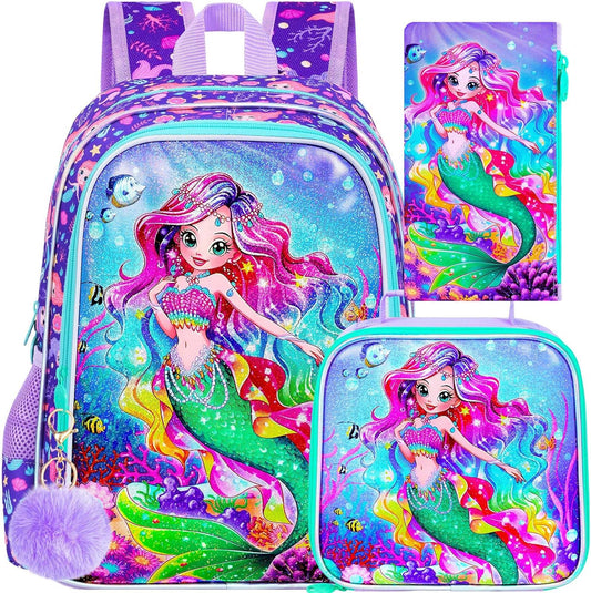 3PCS Girls Mermaid Backpack, Water Resistant Kids Bookbag Set with Lunch Box，Cute Elementary School Bag for Preschool Toddler