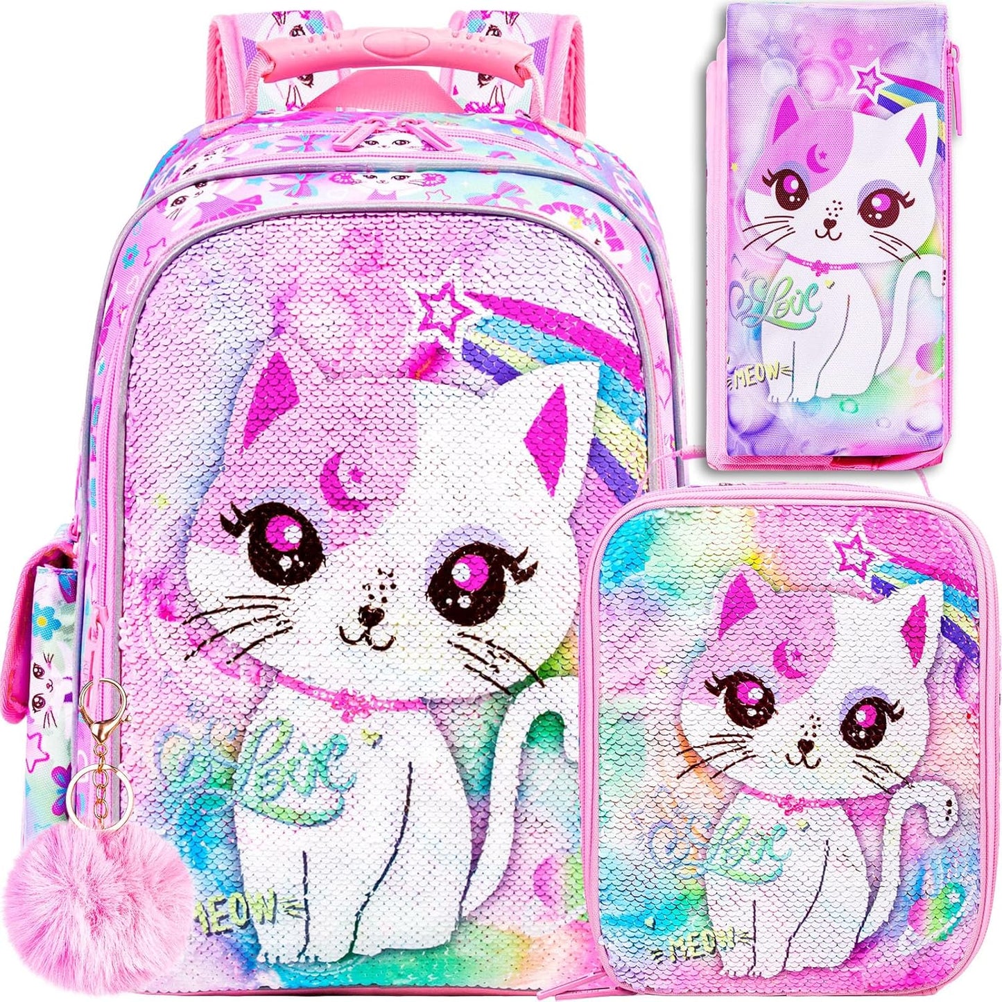 UFNDC 3PCS Girls Backpack, 16”Kids Cat Sequin Bookbag with Lunch Box, Water Resistant School Bag