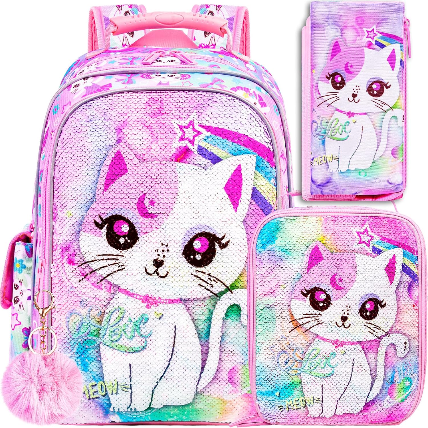 UFNDC 3PCS Girls Backpack, 16”Kids Cat Sequin Bookbag with Lunch Box, Water Resistant School Bag