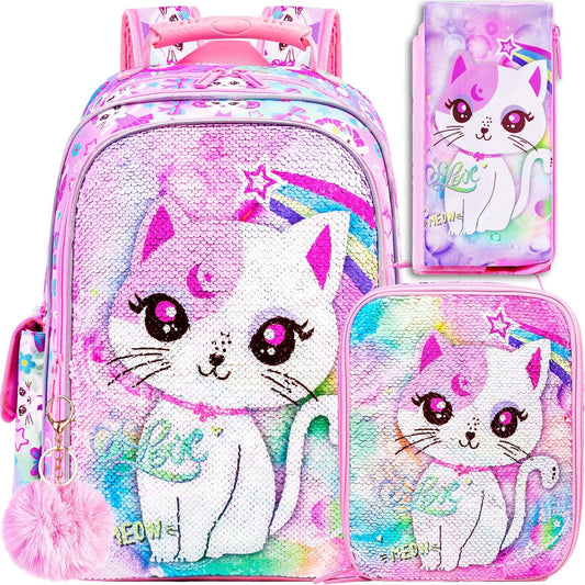 UFNDC 3PCS Girls Backpack, 16”Kids Cat Sequin Bookbag with Lunch Box, Water Resistant School Bag for Elementary Preschool Toddler