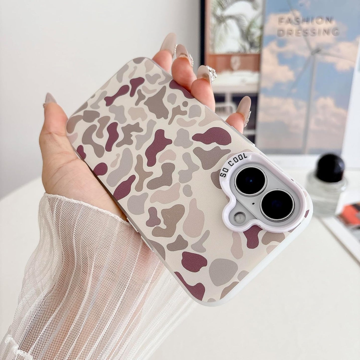 for iPhone 16 Case, Vintage Camo Pattern Design for Men Boys Teens, Cool Camouflage Shockproof Protective Cover for Girls Women - White