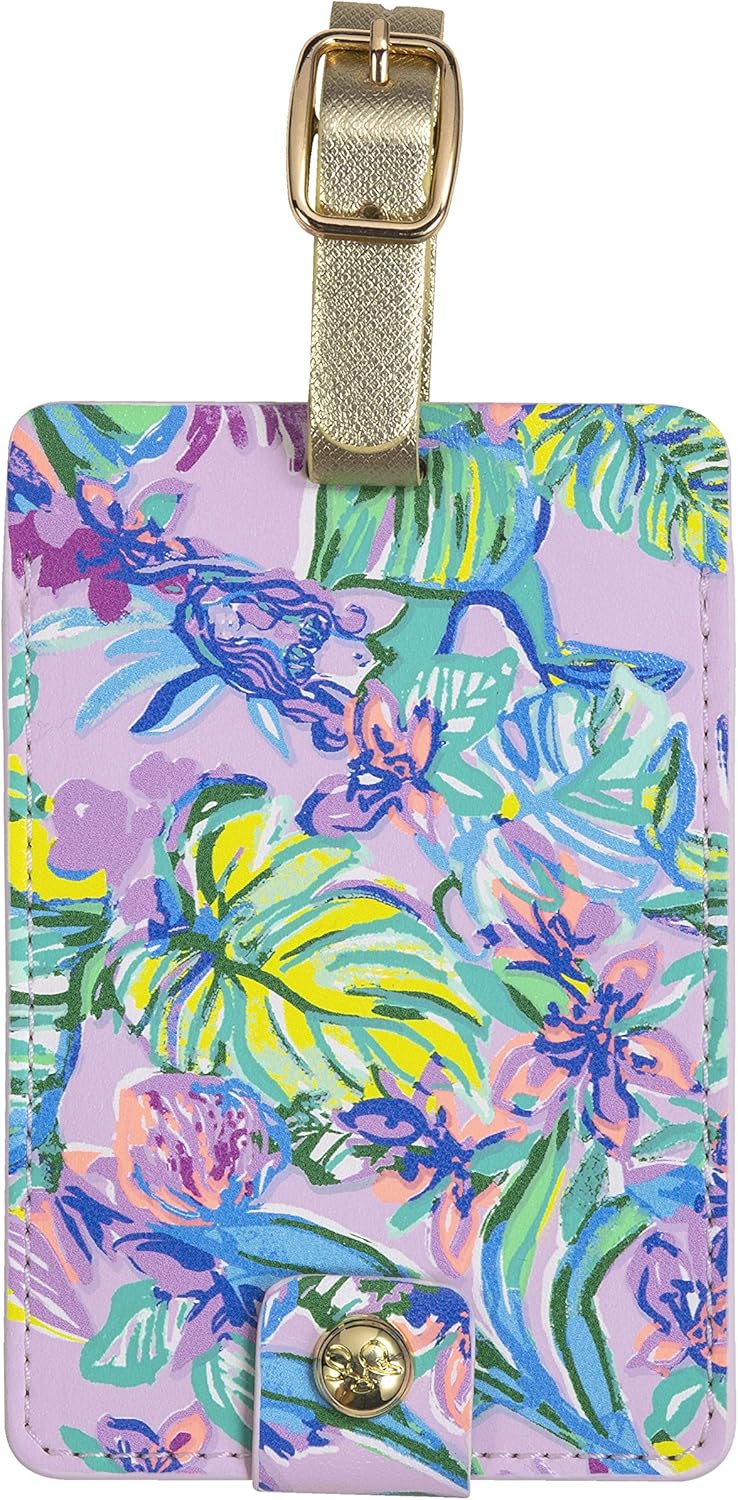 Lilly Pulitzer Leatherette Luggage Tag with Secure Strap, Colorful Suitcase Identifier for Travel