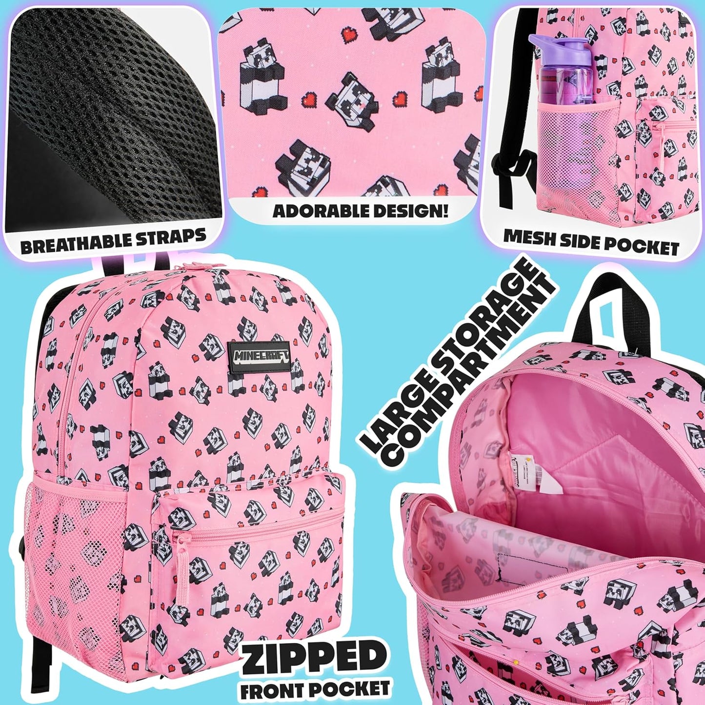 Minecraft Backpack for Boys Kids Teens Adjustable Straps Front Pocket Daypack Backpacks for Sports Gym School Gamer Gifts (Pink)