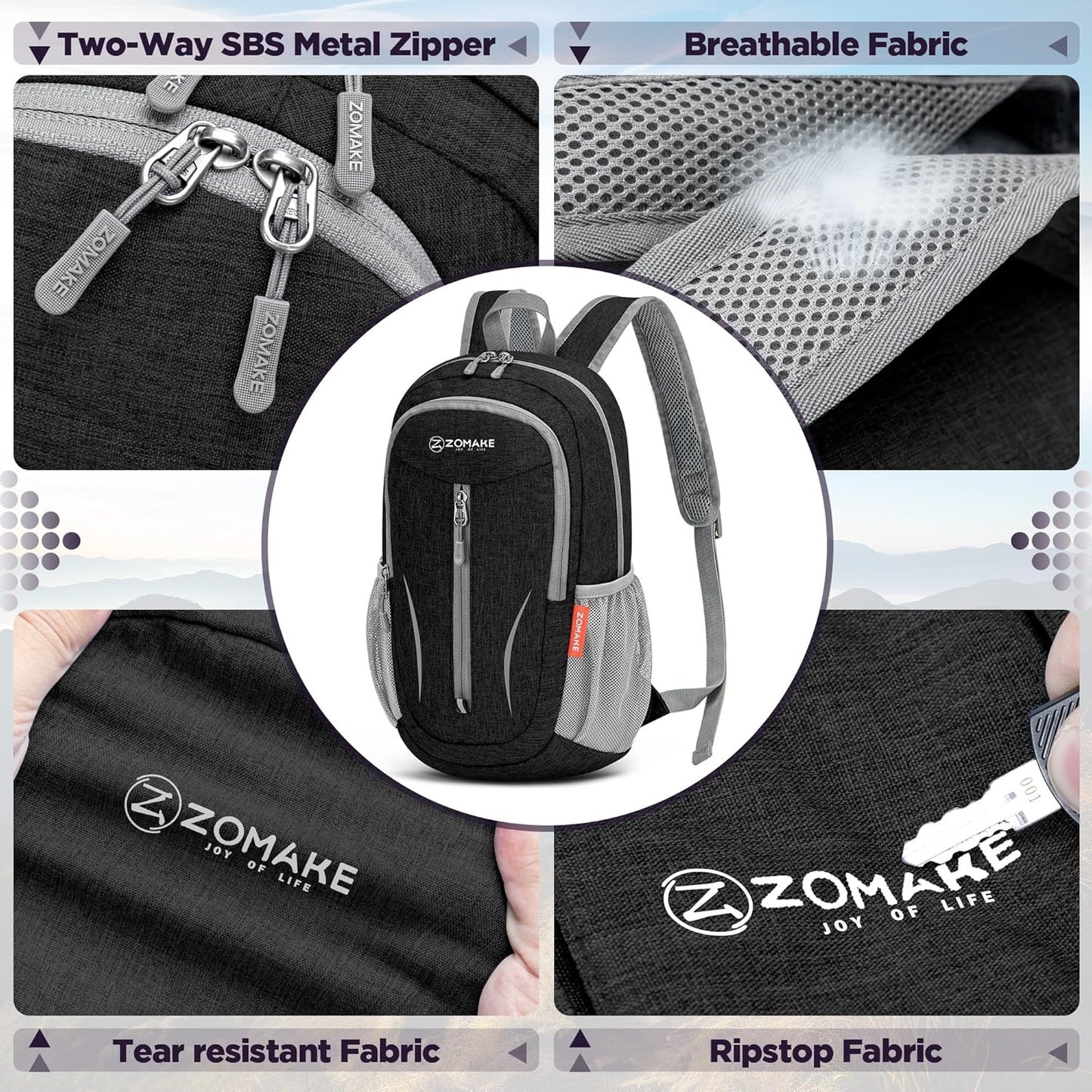 ZOMAKE Ultra Lightweight Packable Backpack 10L,Small Foldable Backpacks Hiking Water Resistant Collapsible Daypack for Women Men(Black-C1)