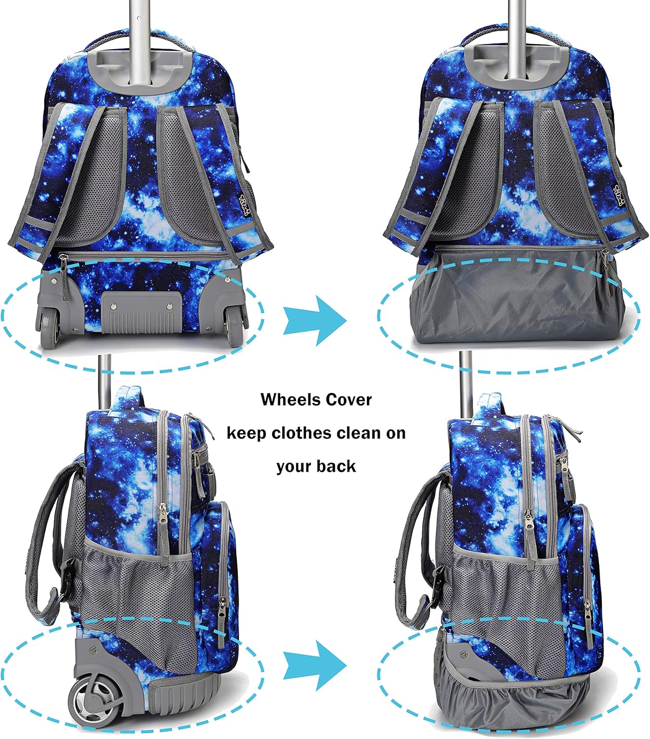Tilami Rolling Backpack 18 inch Wheeled Laptop Backpack School College Student Travel Trip Boys and Girls, Galaxy Blue