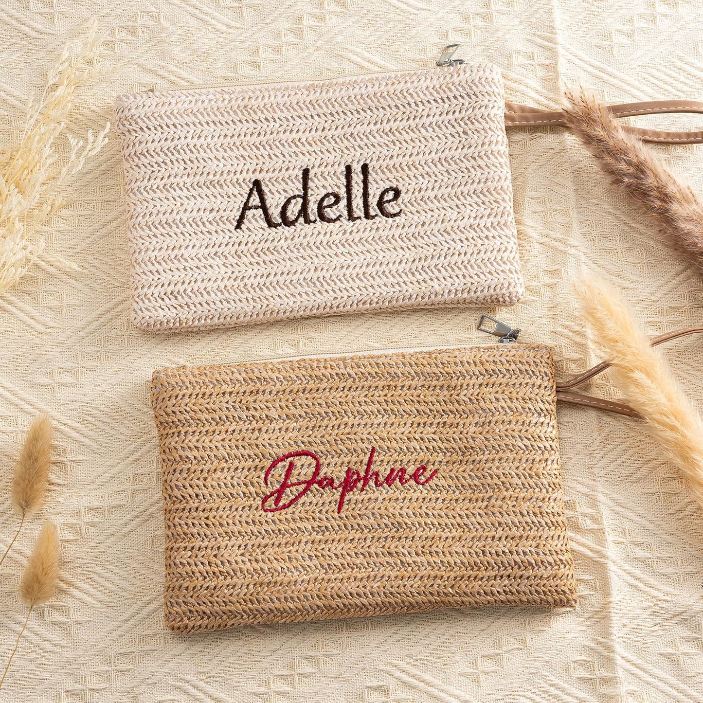 Personalised Straw Clutch Purse, Personalised Embroidered Cosmetic Bag, Handwoven Straw Cosmetic Bag with Leather Trim, Bridesmaid Gift