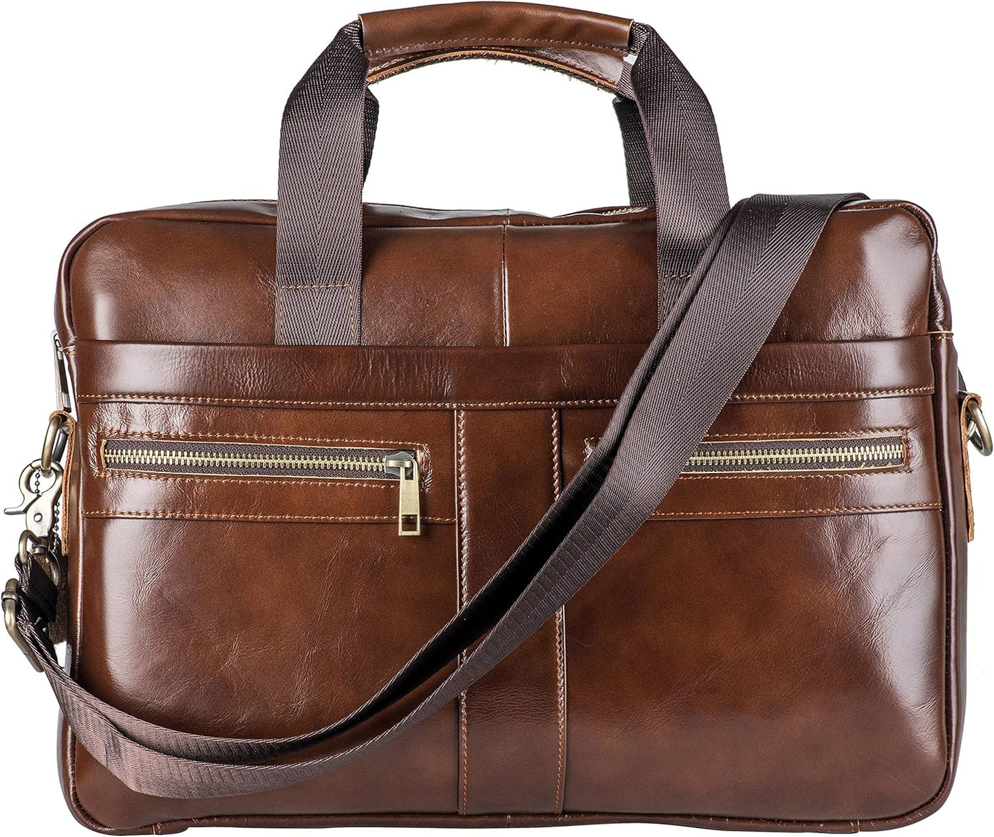 POKOFO Genuine Leather Briefcase Laptop Messenger Bag for Men with Padded Protection Fits 14 Inch Laptop