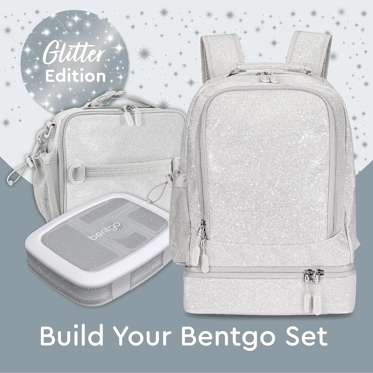 Bentgo Kids 2-in-1 Backpack & Insulated Lunch Bag - Glitter Designed 16” Backpack for School & Travel -, Durable, Water Resistant, Padded, & Large Compartments (Glitter Edition - Silver)