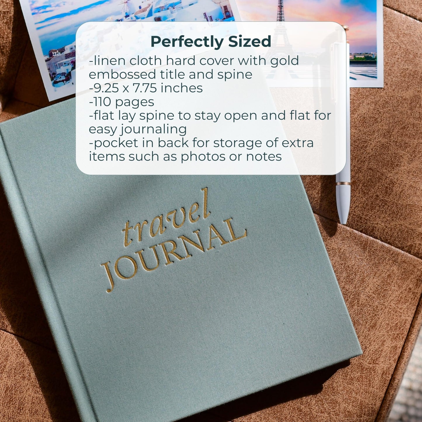 Duncan & Stone Travel Journal with Prompts, Linen Hardcover, Sage Green