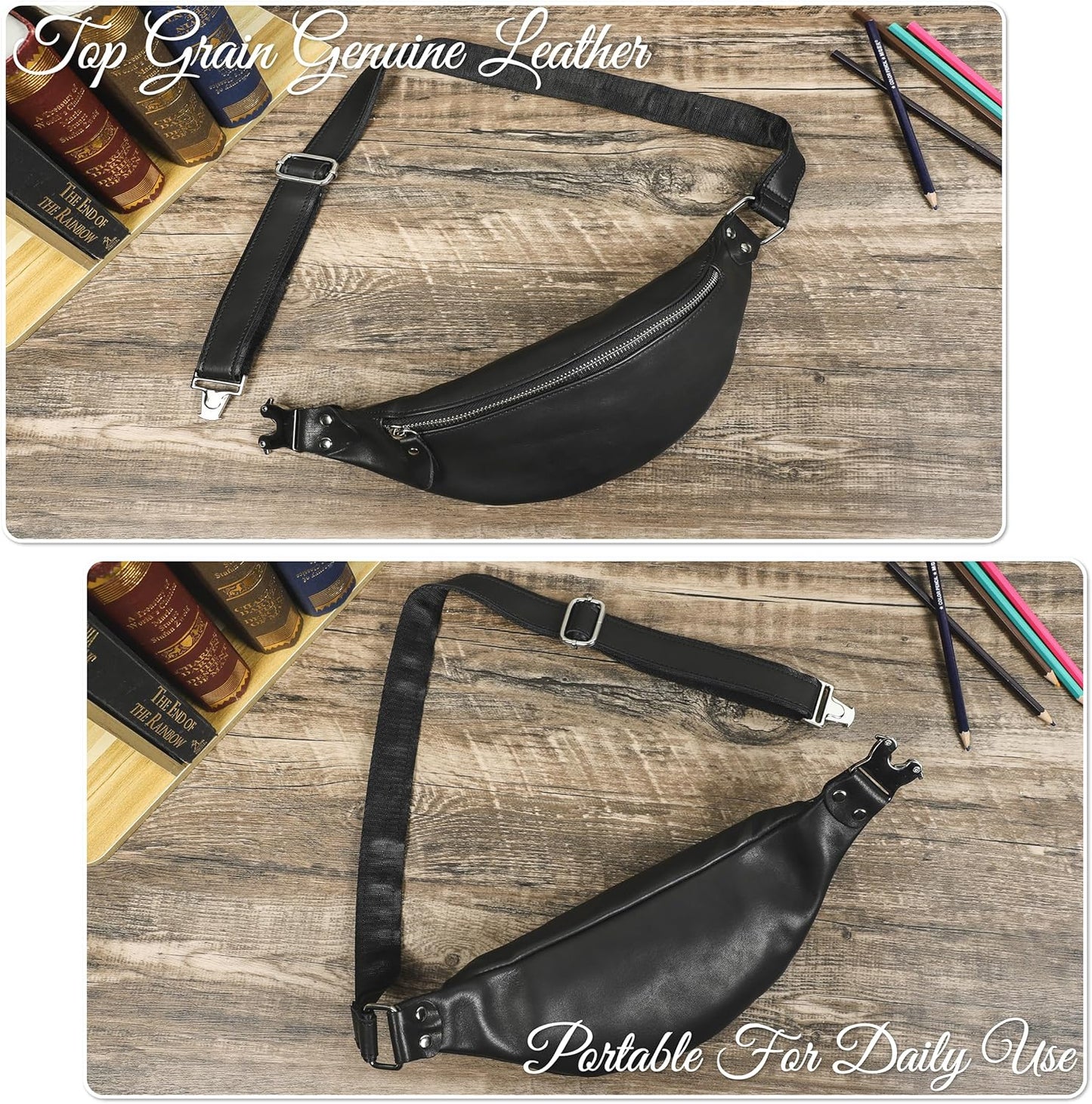 Top Grain Genuine Leather Slim Waist Pack for Man & Woman, Minimalist Vintage Design, Handmade with Detachable Hardware, Slim Fanny Pack Small Crossbody Belt Bag for Traveling or Riding, Glossy Black