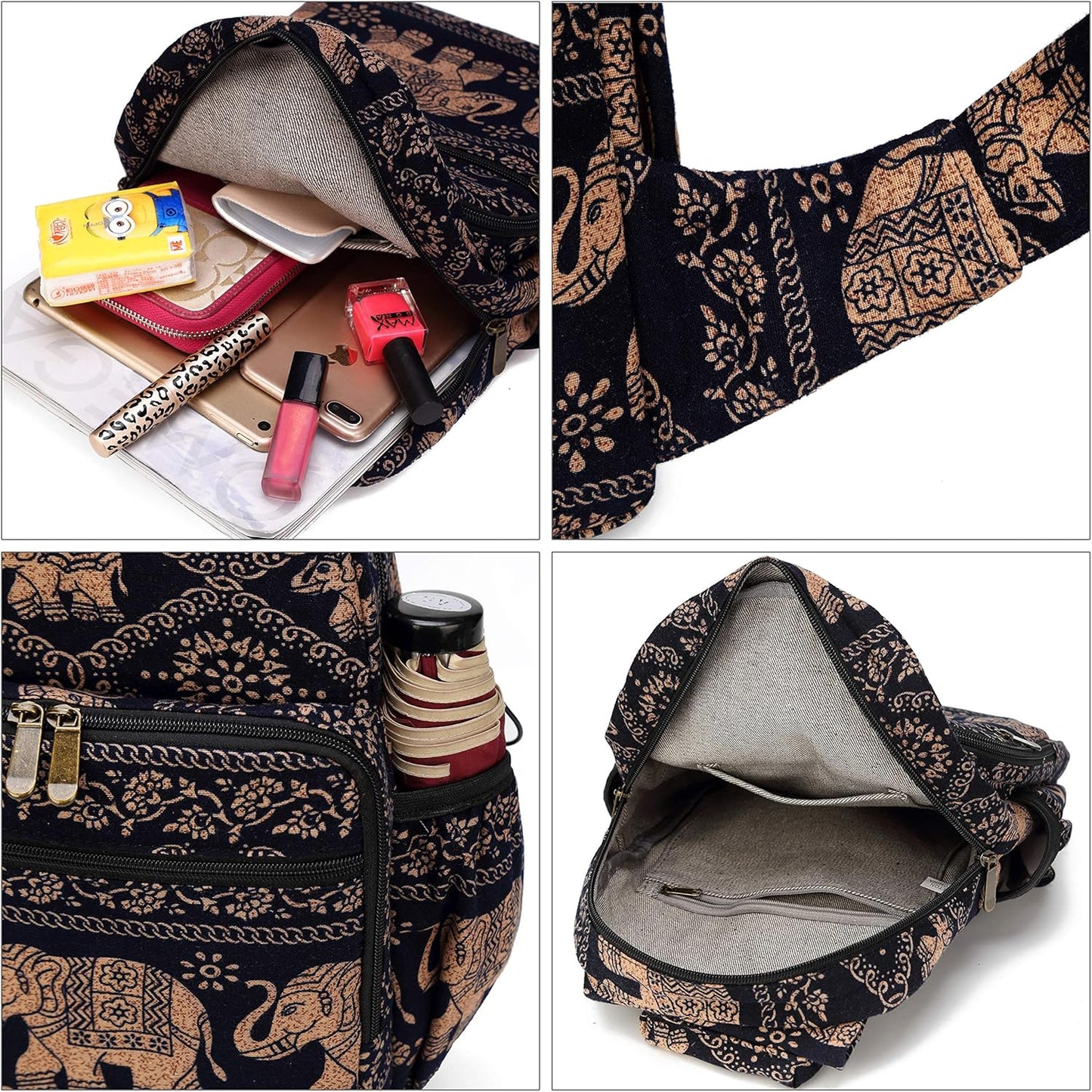 Coton Pose Women sling bag Elephant canvas large boho backpacks bohemian Crossbody bag (Black)