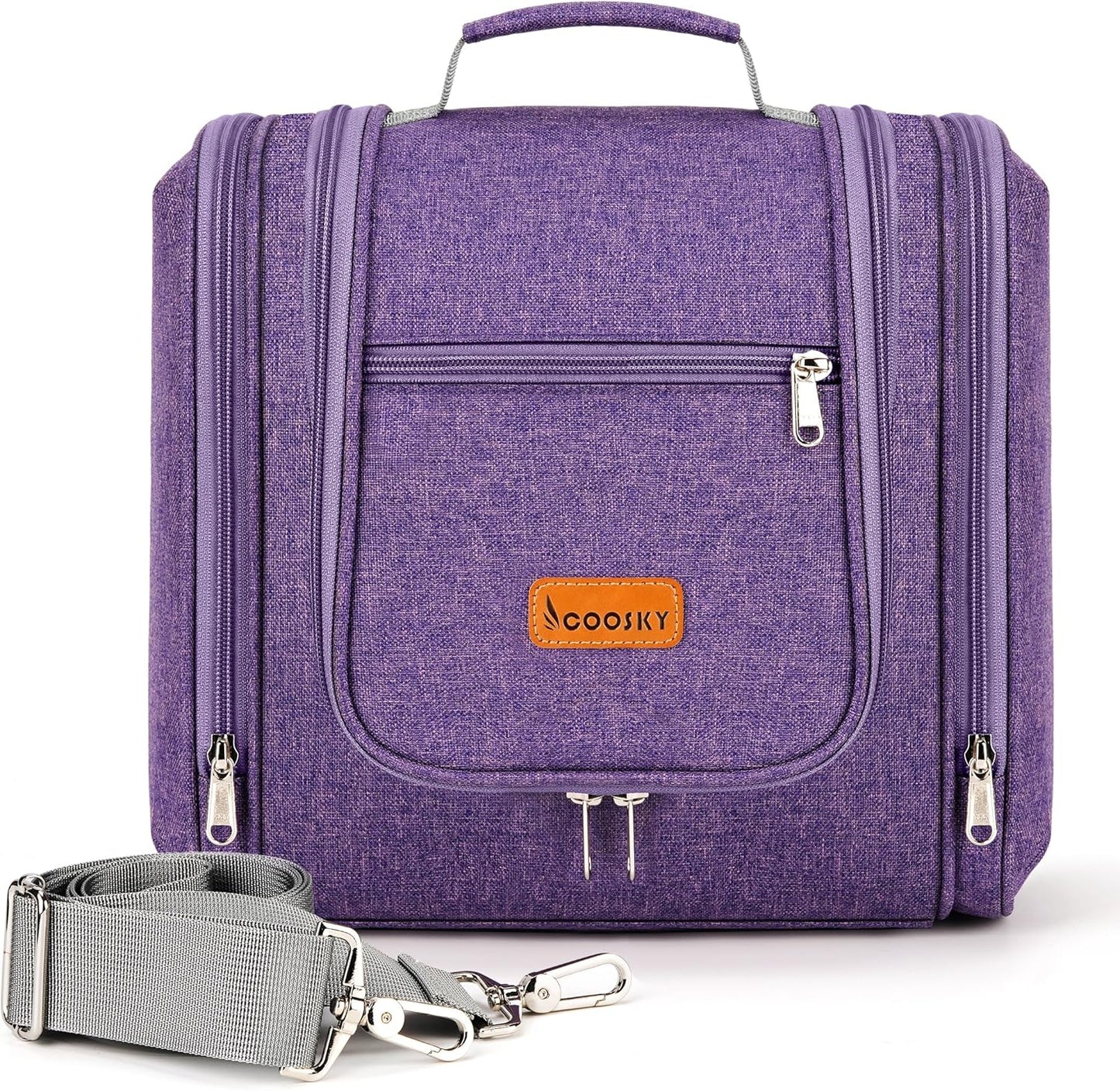 Hanging Travel Toiletry Bag for Women and Men, 6 Organizer Compartments, Large Toiletries essentials, Bathroom Cosmetic Accessories, Water-resistant Makeup Bag, Holds Full-Size Shampoo, Purple