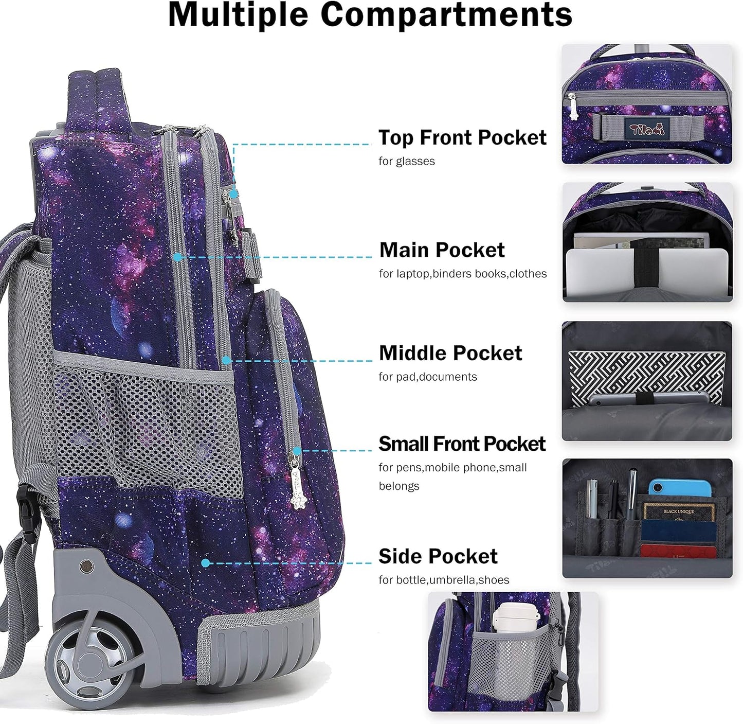 Tilami Rolling Backpack 19 inch Wheeled LAPTOP Boys Girls Travel School Student Trip, Universe Star