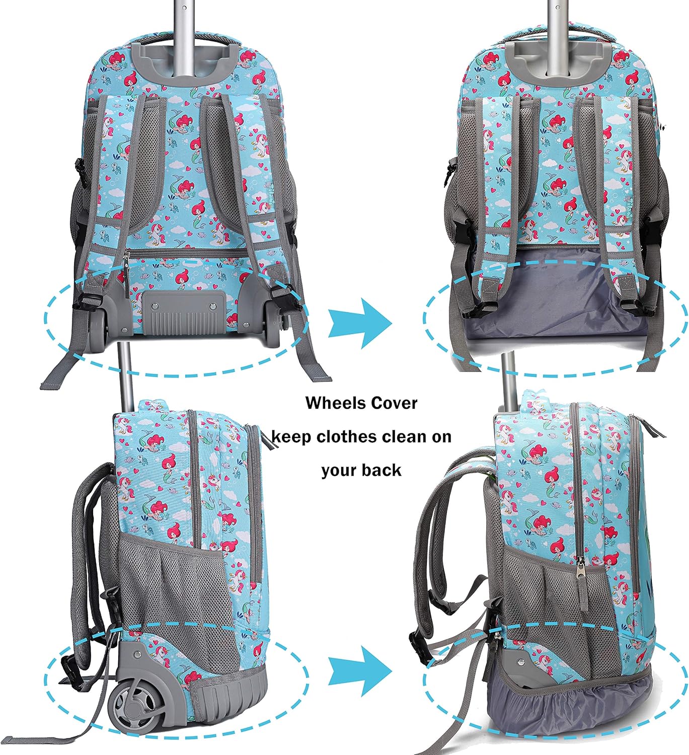 Tilami Rolling Backpack 19 inch Wheeled Cute LAPTOP Boys Girls Travel School Student Trip, Mermaid