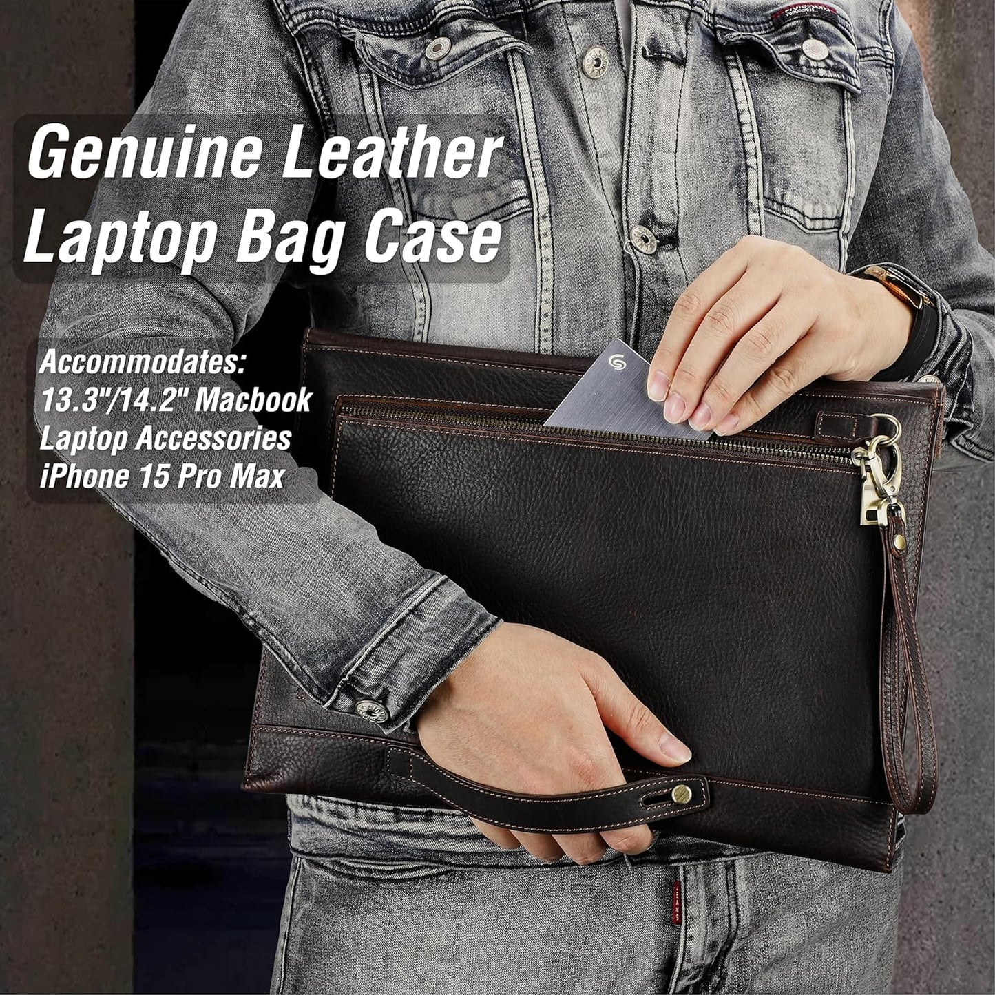 Top Grain Leather 14.2" Slim Laptop Bag Case, Envelope Style, Removable Wristlet & 3 Pockets, Fits MacBook Pro 14 Inch 2021 2022 M1 Pro/M1 Max A2442 & Other Laptop, Black Coffee 14.2 Inch