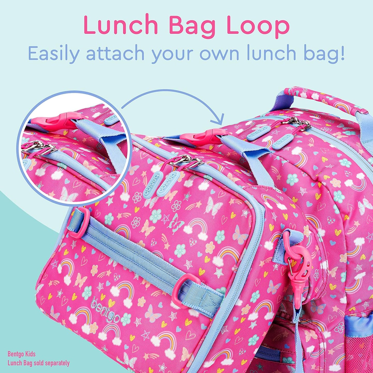 Bentgo Kids Backpack - Lightweight 14” Backpack in Fun Prints for School, Travel, & Daycare, Ideal for Ages 4+, Roomy Interior, Durable & Water-Resistant Fabric, & Loop for Lunch Bag (Rainbows)