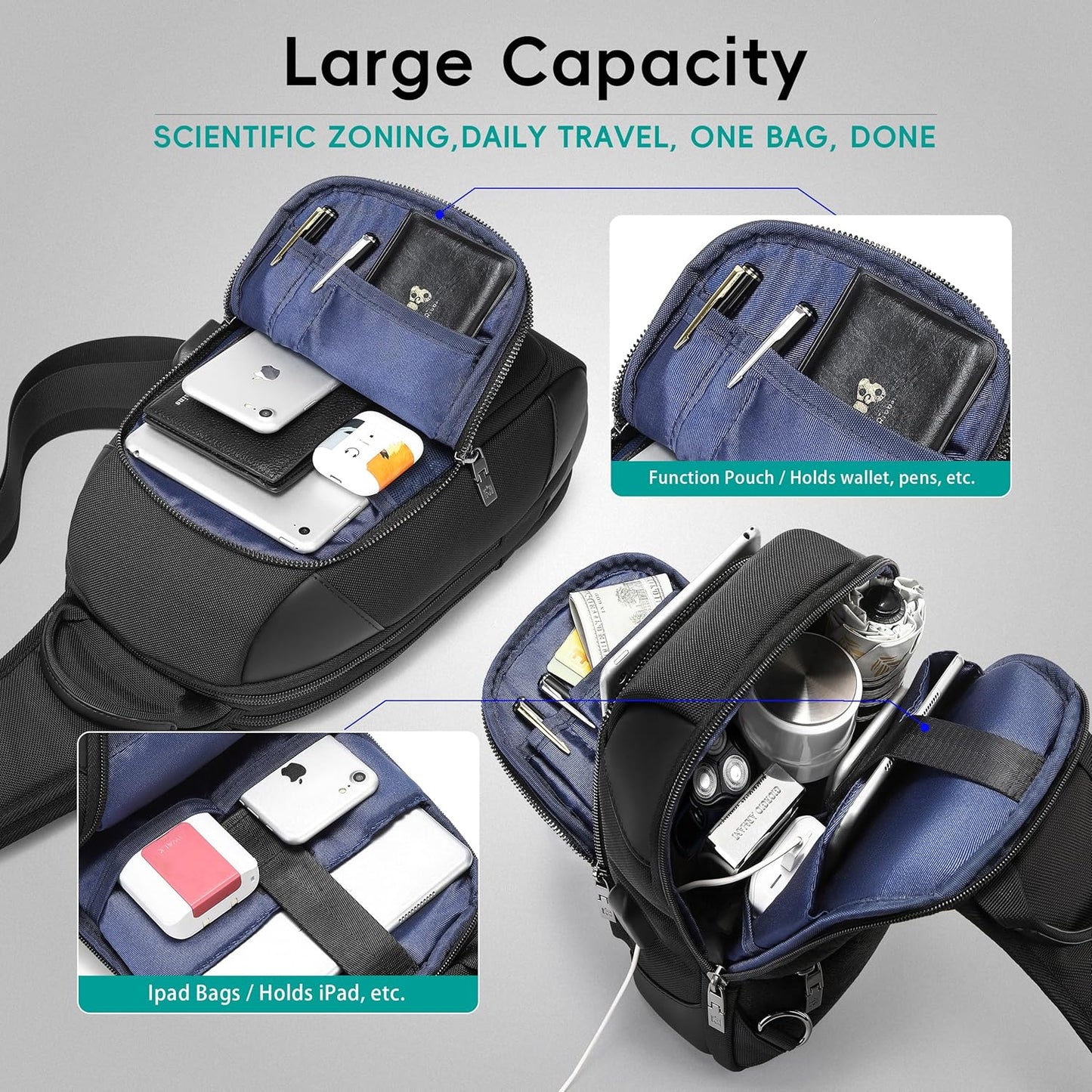 Hidds Sling Bag For Men Crossbody Bags Men’s Shoulder Backpack With Charging Port Travel Hiking Chest Bag Sling Daypack