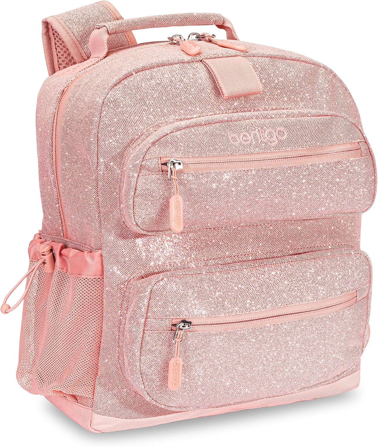 Bentgo Kids Glitter Backpack - Lightweight 14” Backpack for School, Travel & Daycare, Ideal for Ages 4+, Durable & Water-Resistant, Roomy Interior, & Loop for Lunch Bag (Glitter Edition - Petal Pink)